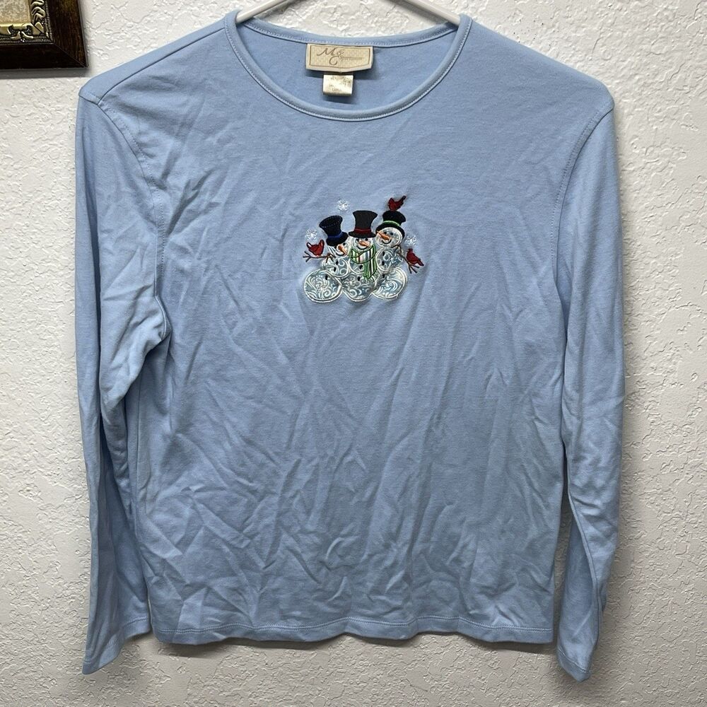 M & C Sportswear Women's L Embellished Blue Christmas Snowman Long Sleeve, Stain